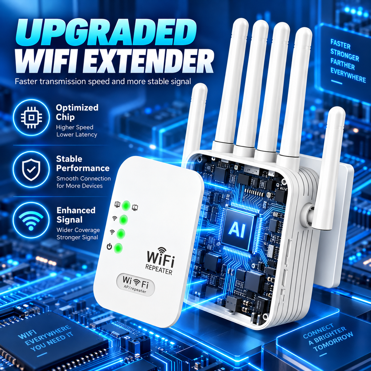 6-Antenna WiFi Range Extender – Up to 9,800 Sq. Ft. Whole Home Coverage